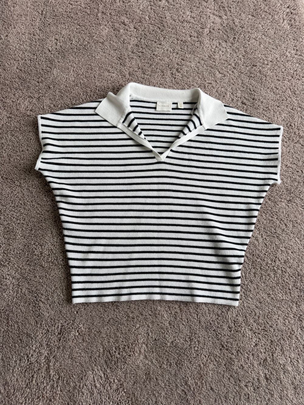 Nautical old money White & Black Striped V-Neck Knit Polo Top